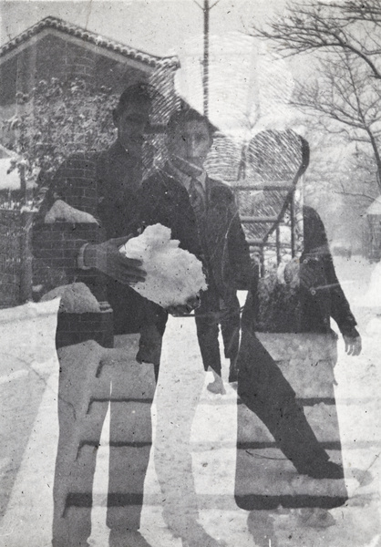 Double exposure with people in snowy garden, 35 Tongshan Road, Hongkew, Shanghai