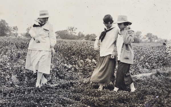 Three young woman on a day trip walking through a field, Shanghai