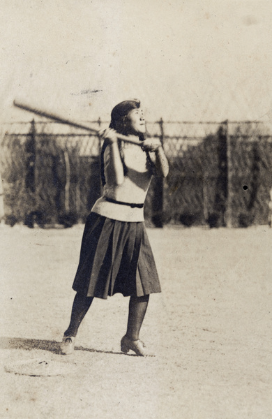 Maggie Hutchinson playing soft ball in the garden of 35 Tongshan Road, Hongkou, Shanghai