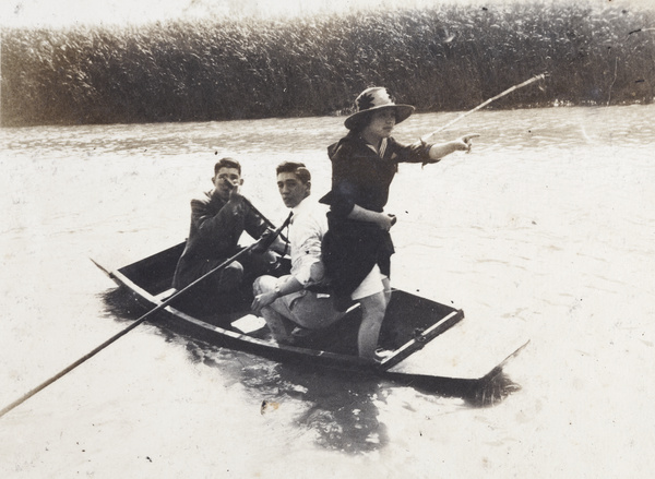 John Henderson, Bill Hutchinson and a woman in a punt, Shanghai