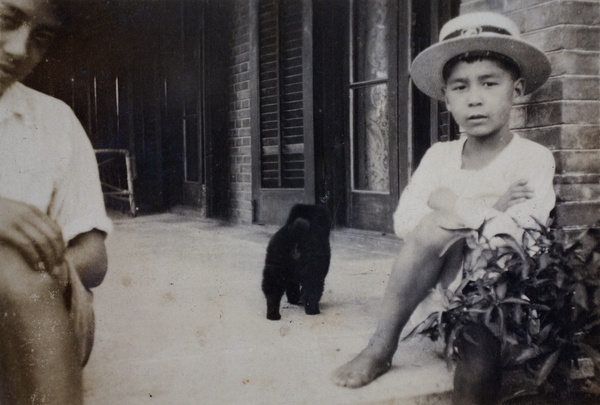 Harry and Fred Hutchinson and a puppy on the verandah, 35 Tongshan Road, Hongkou, Shanghai