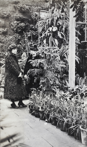 Two young women in the Sincere Department Store roof garden glasshouse, Shanghai