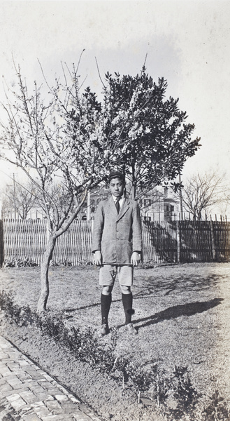 Harry Hutchinson standing in front of a flowering fruit tree in the garden, 35 Tongshan Road, Hongkou, Shanghai