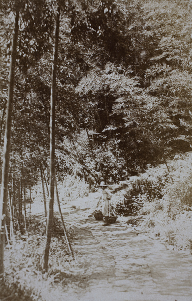 Man carrying baskets resting on a partly cobbled hill road, Moganshan