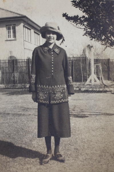 Mabel Parker wearing a jacket decorated with embroidery, 35 Tongshan Road, Hongkou, Shanghai