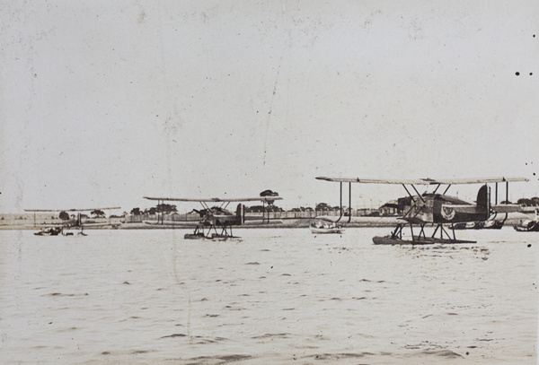 Three Douglas World Cruiser planes, taking part in the first flight around the world, on the Huangpu, Shanghai, June 1924