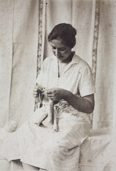Sarah Hutchinson sitting and knitting, 35 Tongshan Road, Hongkou, Shanghai