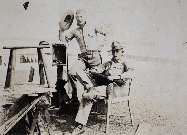 American Marines with signal equipment and semaphore flags on a rooftop lookout, Shanghai