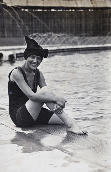 Unidentified woman wearing a bathing costume and cap at the Open Air Pool, Hongkou, Shanghai, 1924