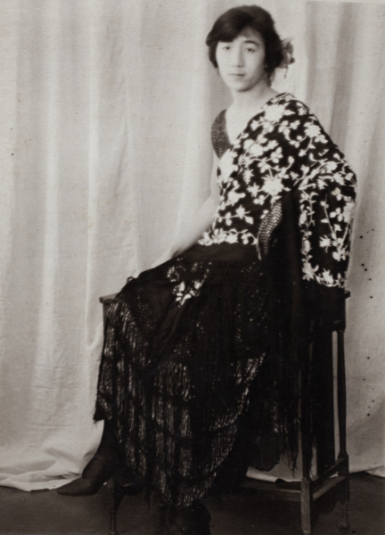 Maggie Hutchinson dressed up as a flamenco dancer, Hongkou, Shanghai