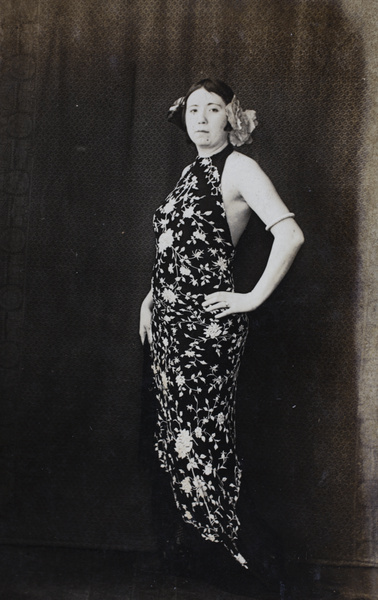 Unidentified woman wearing an open back evening dress, Hongkou, Shanghai