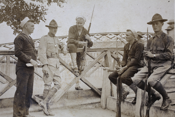 American Sailors and American Company Shanghai Volunteer Corps at Kiangsi Road Bridge, Shanghai, 1925