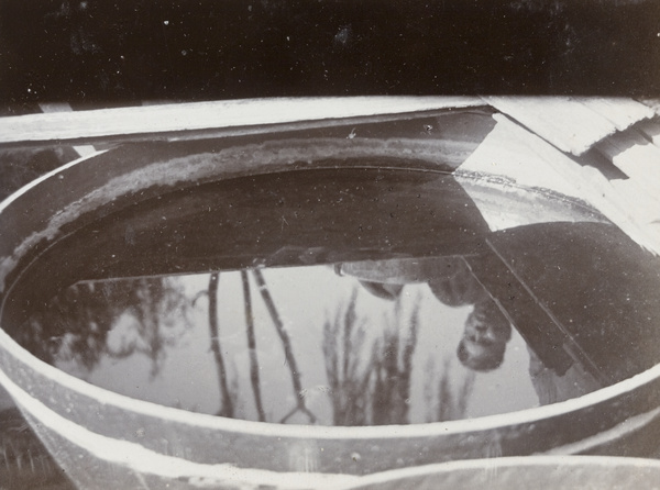 Reflection of a man in a tub of goldfish