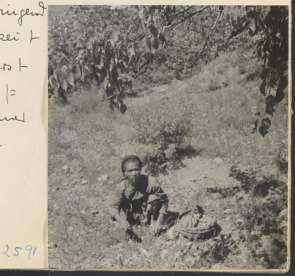 Villager squatting next to a basket of produce in the Lost Tribe country