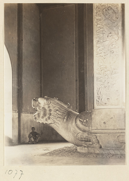 Interior view of Bei ting at Xu mi fu shou miao showing detail of the tortoise stela of Emperor Qianlong