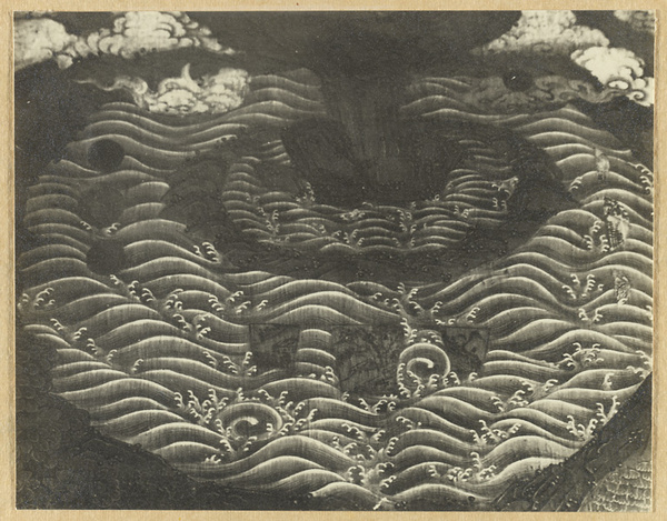 Mural detail in Da xiong bao dian at Da Fo si showing waves and clouds