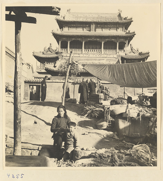 Produce market next to a temple in Baoding