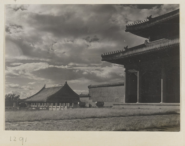 Roof of Zhong you men and detail of south facade of Tai he dian with bronze water vats and tortoise-shaped incense burner