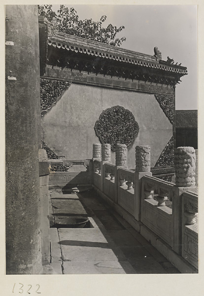 Detail of a wall showing glazed-tile relief panel with floral motif in the Forbidden City