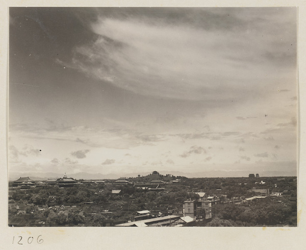 View of Beijing showing Forbidden City, Bai ta, Jingshan Gong Yuan, Gu lou, and Zhong lou