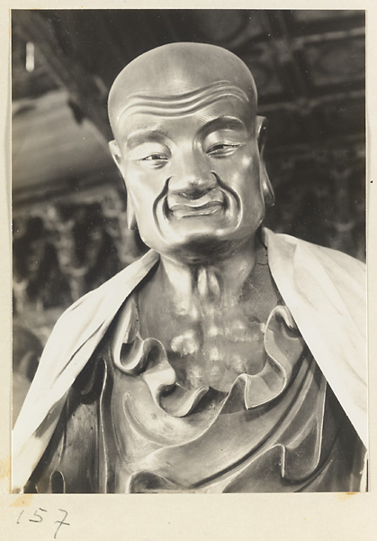 Interior of Luohan tang at Bi yun si showing detail of a draped statue of a Luohan