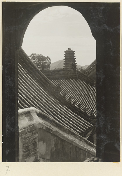 Close-eaved pagoda and details of temple buildings at Xi yu si showing roof ornaments