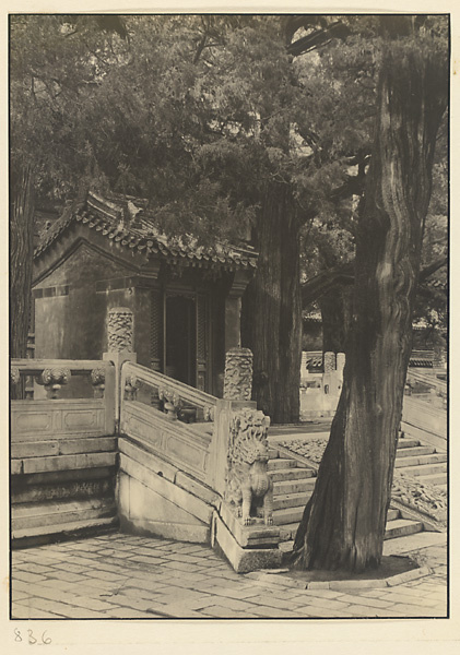 Detail of stairs and marble balustrade with animal figure at Wan shan dian
