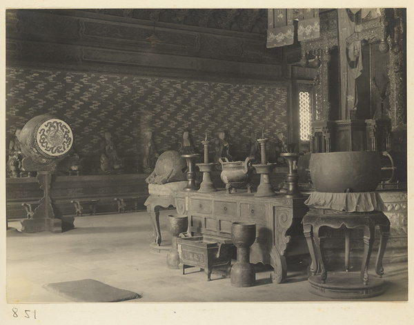 Interior of Wan shan dian showing main altar, drums, Luohans, and side wall with cloud motif