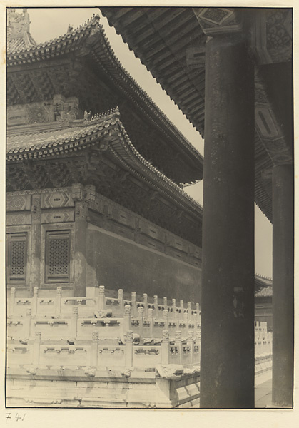 Detail of southeast corner of Qian dian and marble terraces seen from the East Wing of Tai miao