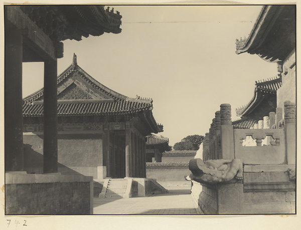 Detail of West Wing, west side halls, and dragon-headed gargoyle on west terrace of Qian dian at Tai miao