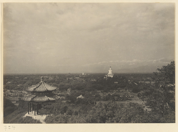 Beijing skyline seen from Jingshan Gong Yuan showing Fu lan ting and Bai ta