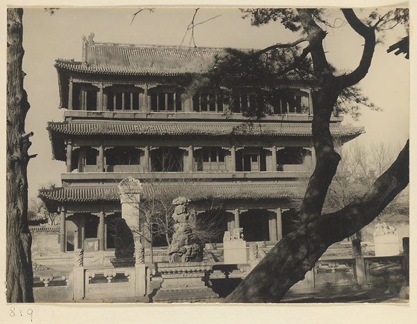 Facade of Wanfolou (萬佛樓) with stone stele, Beihai Park, Beijing