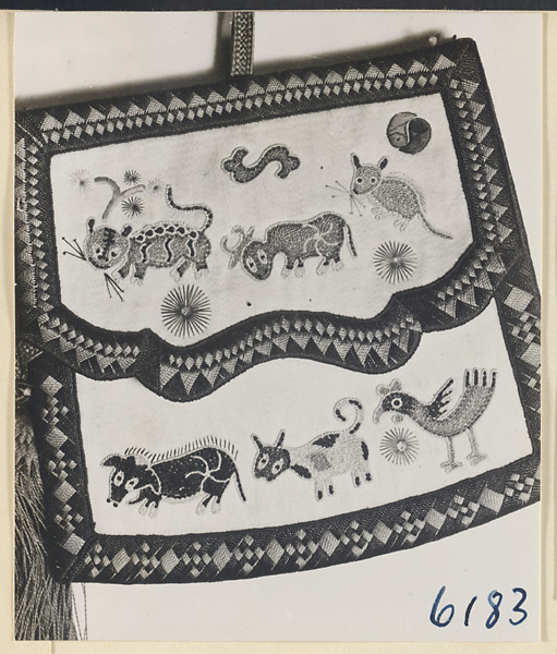 Bag embroidered with six animals from the Chinese zodiac and yin yang and ru yi symbols