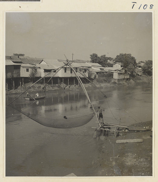 Man scooping fish out of a large net on the river at Tai'an