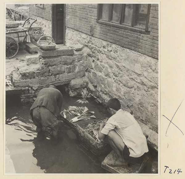 Village men washing vegetables in the river at Ji'nan