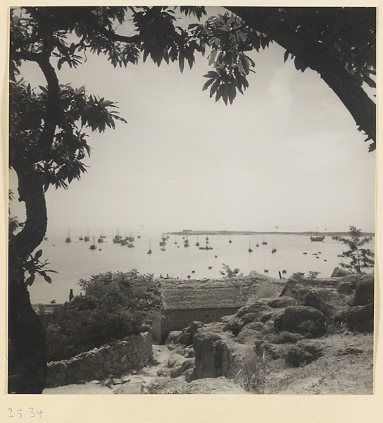 Fishing village with boats in the harbor on the Shandong coast