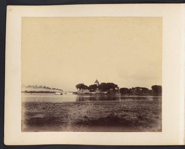 Looking across Pearl River toward steamer Kwan Hoi passing Macao fort, Canton