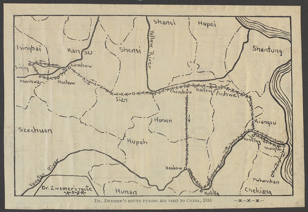 Dr. Zwemer's route during his visit to China, 1933.