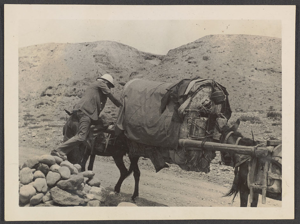 Along Sining River Valley. Boarding a shantsz. Handkerchief, constantly kept wet, at back of neck a great help.