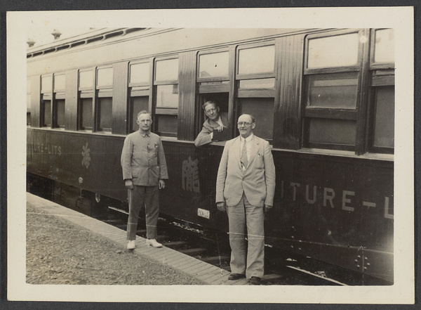 Westward ho.  Lung-hai R.R.  Mr. von Zologan (R.R. inspector), Dr. Zwemer, and Mr. Anderson.