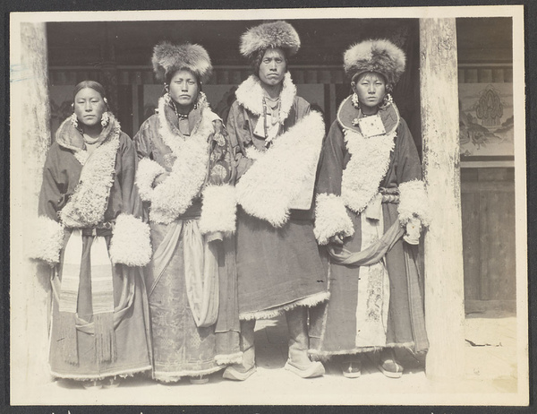 Pientu Monastery.  3 girls and 1 man from nearby villages in all their finery.