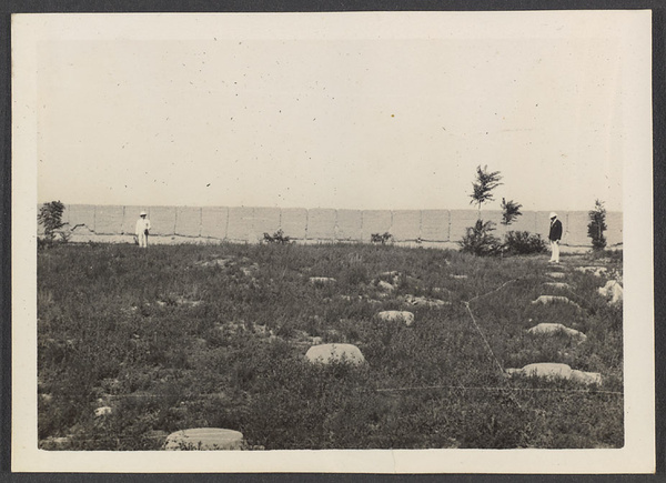 Sian.  (Compound of ancient Nestorian Church). Mr. Englund (left) on S.W. corner.  Dr. Z. on N.W. corner.  Taken from N.E. corner.