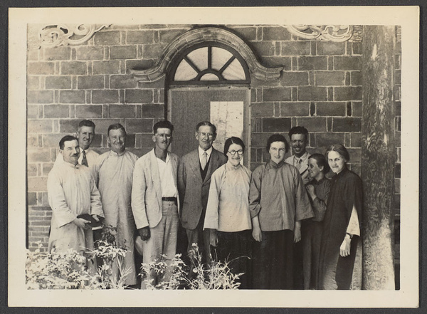 Lanchow and beyond.  L. to R.  Dr. Rees, M. Griebenow, A.L. Keeble, Ureck, Dr. Z., [unidentified woman], Mrs. Ureck, C.D. Holton, Mrs. Keeble, Mrs. Mann.