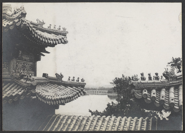 Summer Palace.  (Roof details showing ornaments with Shiqikong Qiao in background).