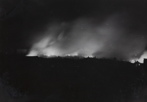 Fires burning at night, Shanghai, 1937