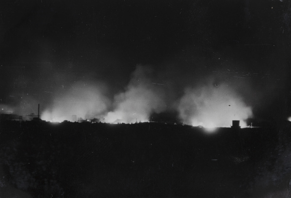 Fires burning at night, Shanghai, 1937