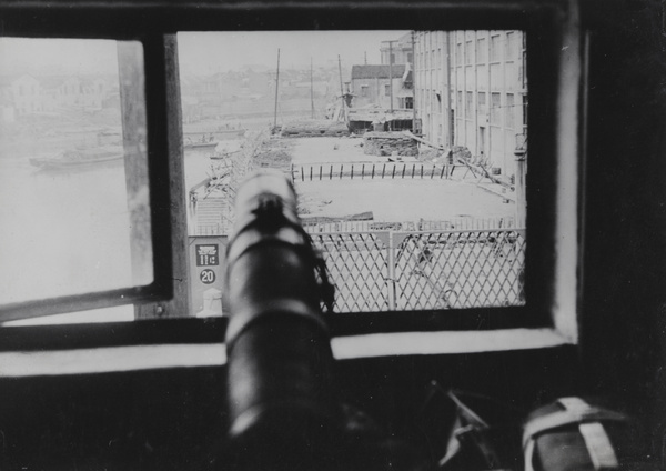 View of Sihang warehouse (四行仓库), from Blockhouse 'F' beside Yu Ya Ching Road Bridge (西藏路桥), Shanghai, 1937