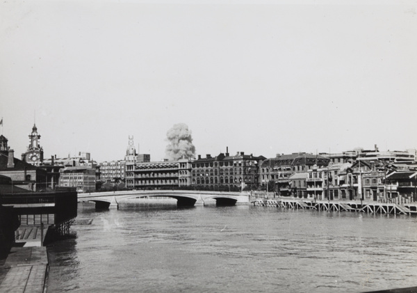 Bomb exploding behind General Hospital, Suzhou Creek, Shanghai, 1937