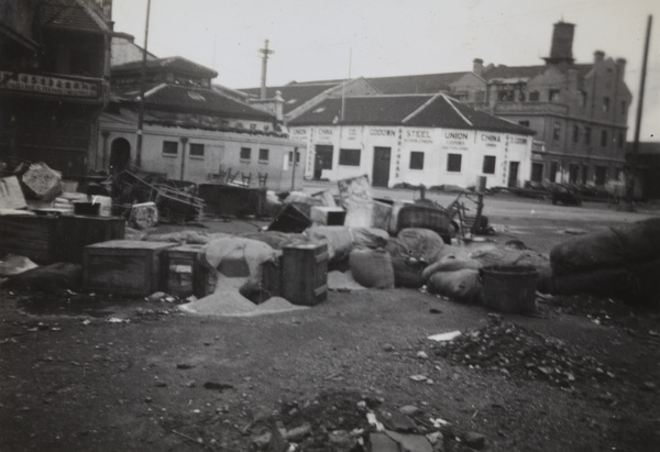 Makeshift barricades near engineering and steel works, Shanghai, 1937