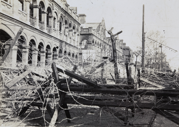 Barbed wire barricade at Range Road and North Kiangse Road, Shanghai, 1937